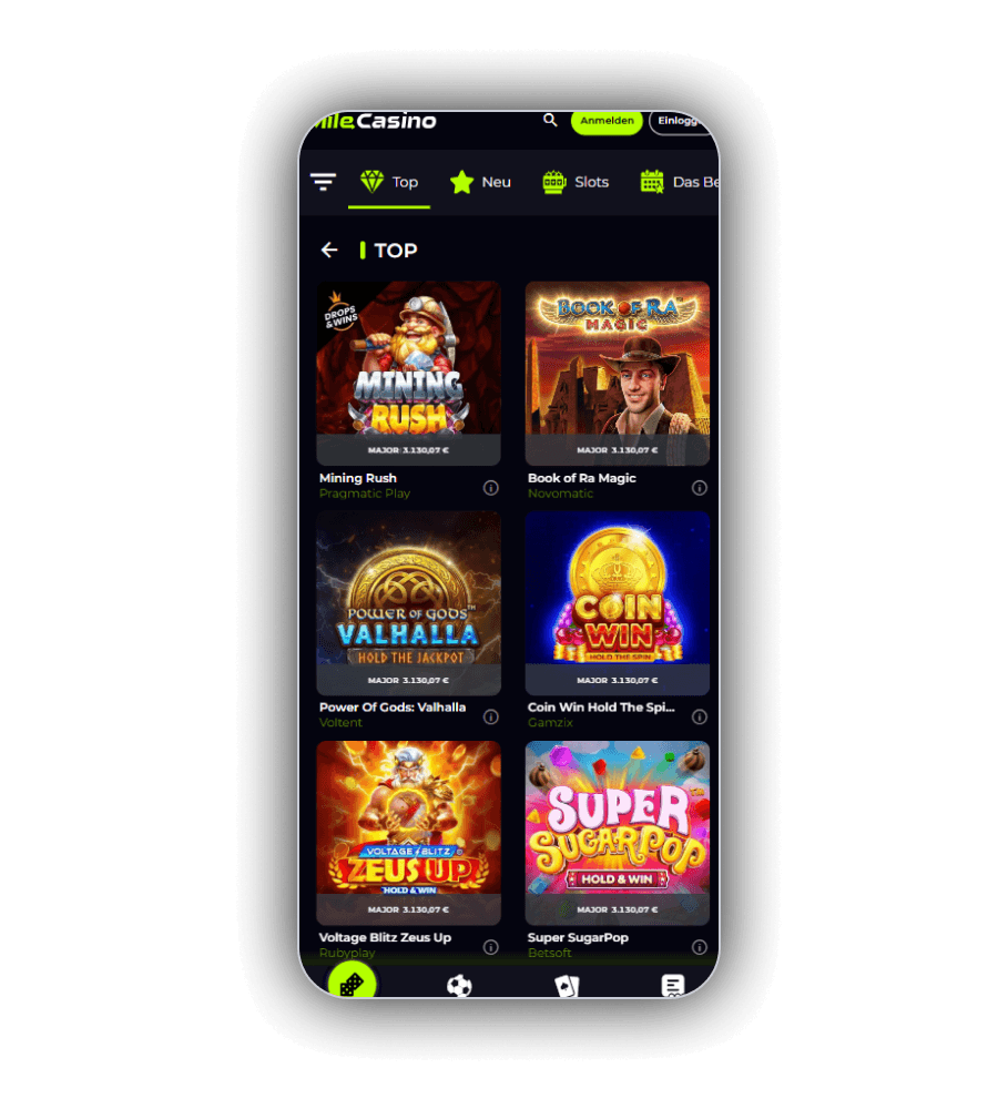 MileCasino Jackpot tiers with Mini, Minor, Major and Mega