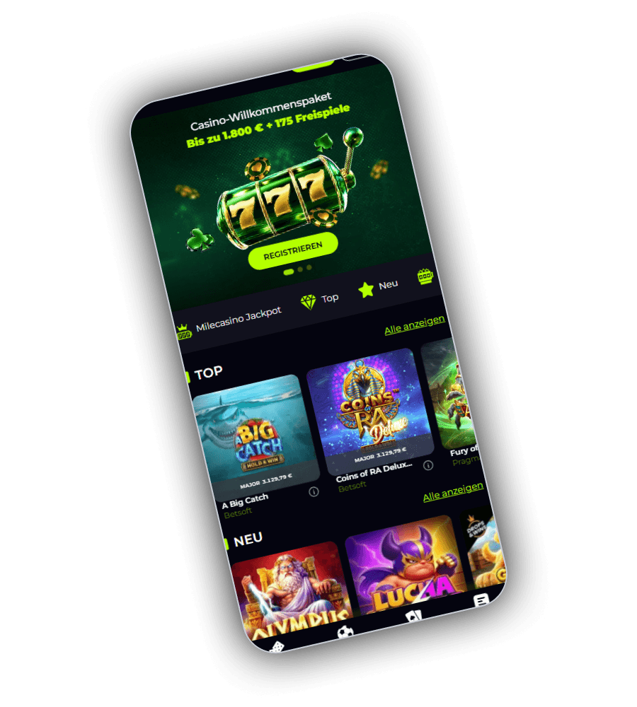 MileCasino lobby with Welcome Casino Package and featured slots
