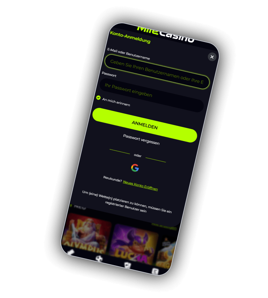 MileCasino registration and login form